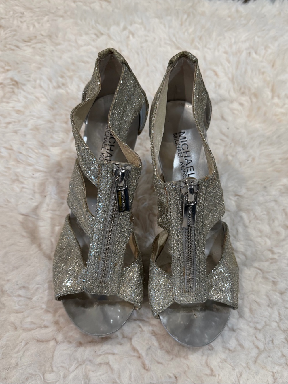 Michael Kors Silver Glitter Front-Zip Heeled Sandals